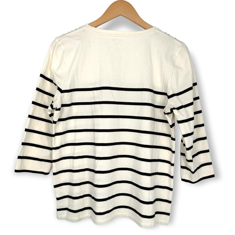 Talbots Petites | Large | Cream w/ Black Stripes Jewel Embellished Neckline Top - Picture 6 of 6